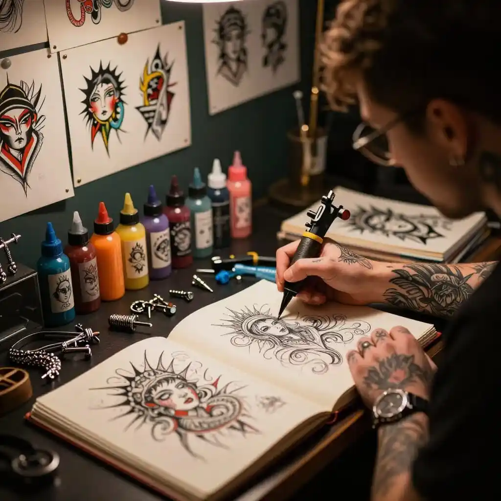 Blog tatouage et piercing avec croquis, outils d'artiste et inspirations créatives dans un studio.