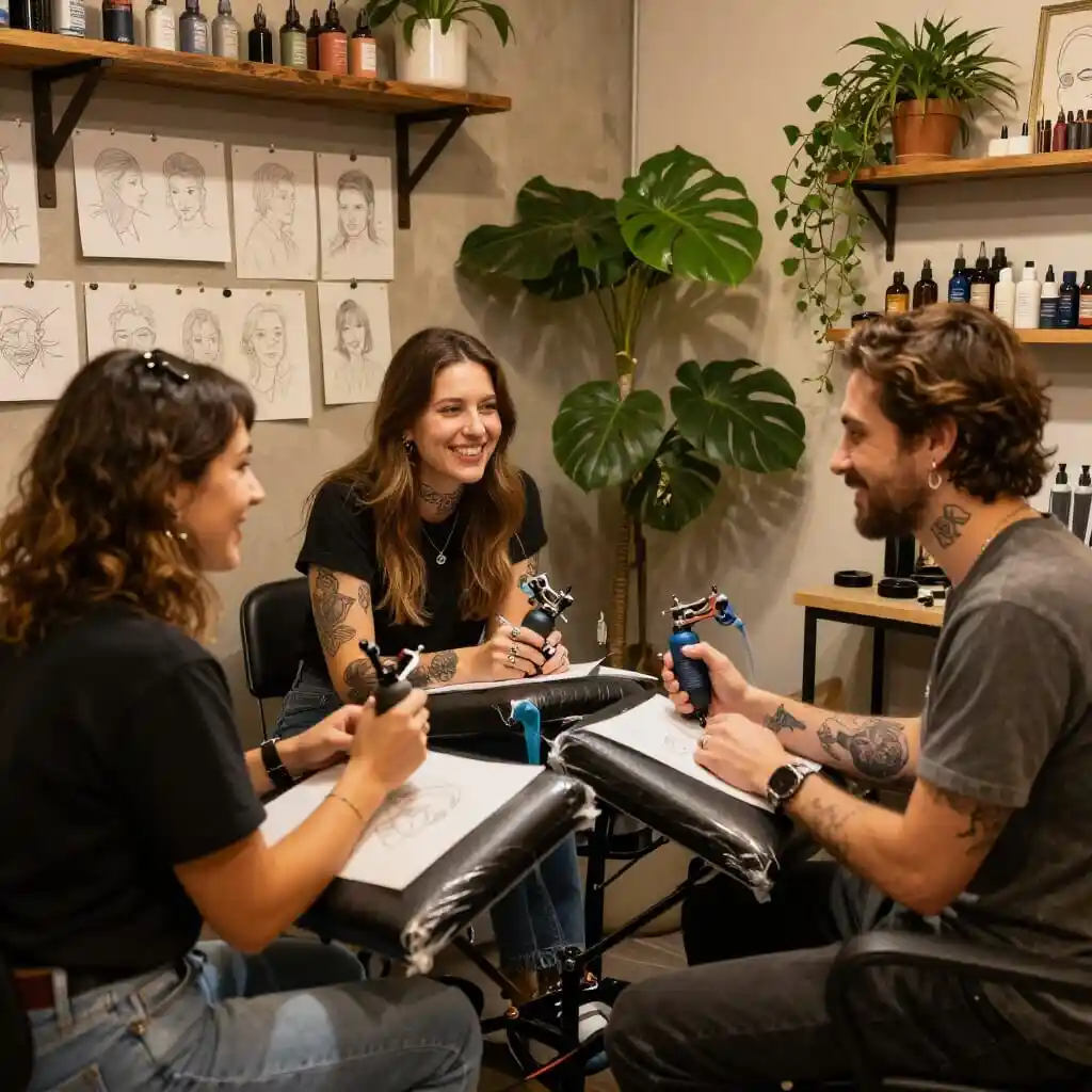 Ambiance chaleureuse dans un studio de tatouage et de piercing avec artistes et clients.