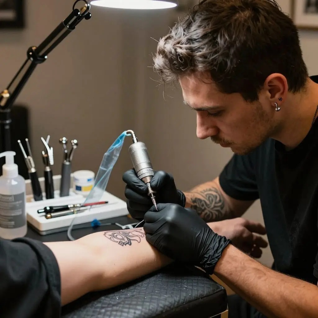 Tatoueur professionnel réalisant un tatouage dans un studio propre et respectant les règles d'hygiène.
