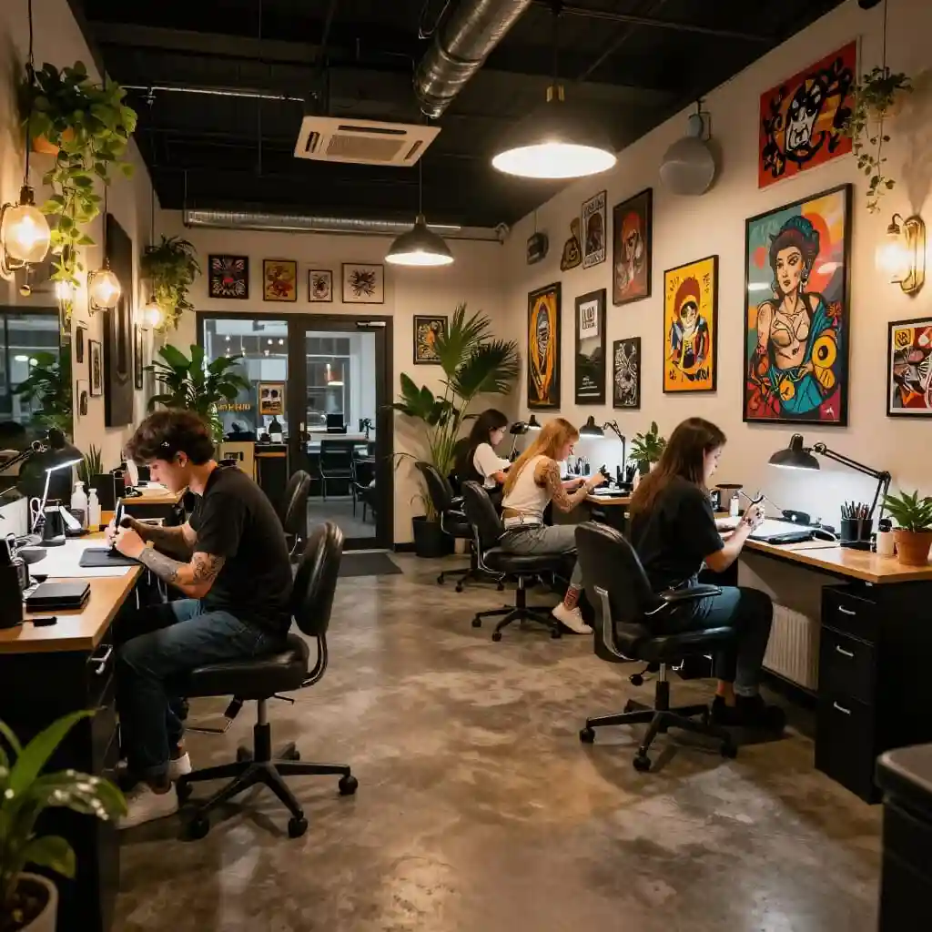 Vue intérieure d'un studio de tatouage et de piercing avec son équipe.