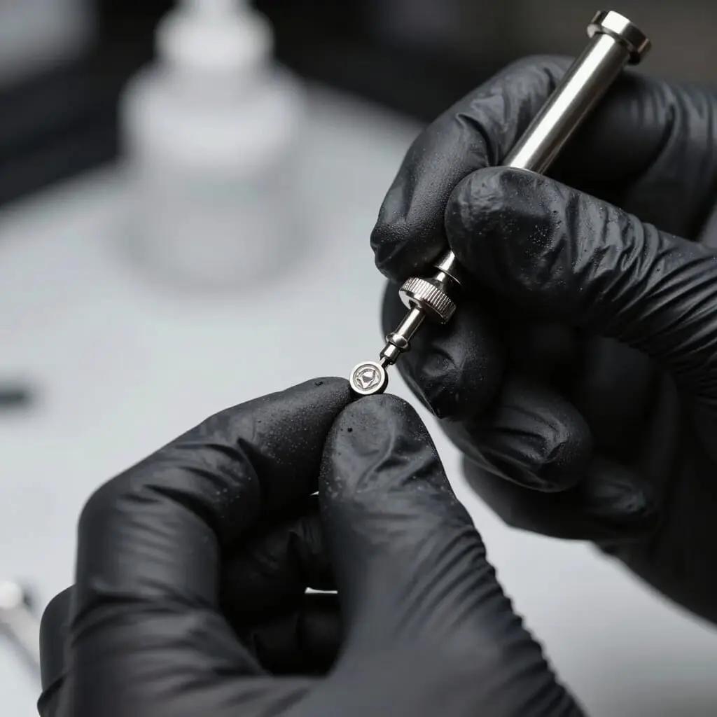 Changement d'un bijou de piercing réalisé par un professionnel en studio.