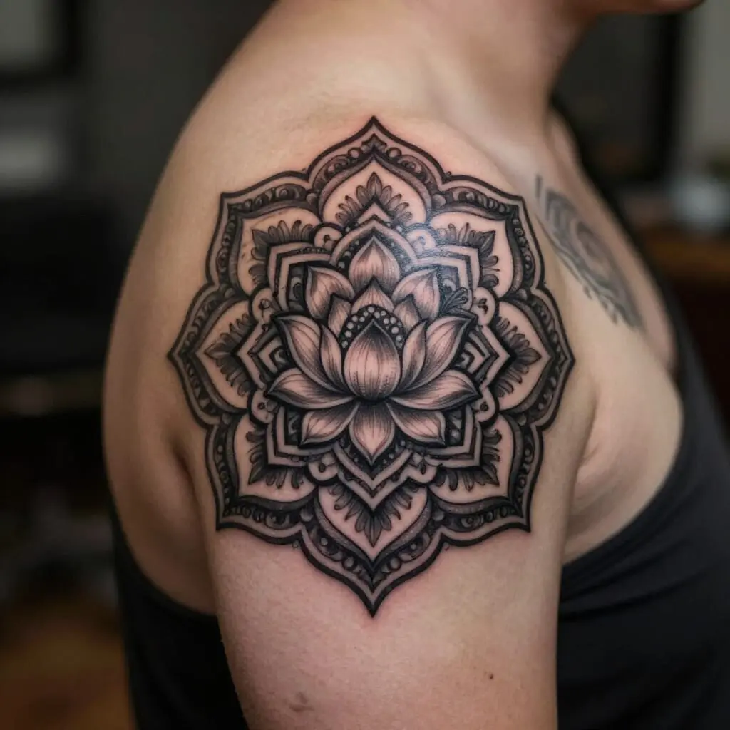 Tatouage mandala représentant l'équilibre, l'harmonie et la spiritualité dans un style finement détaillé.