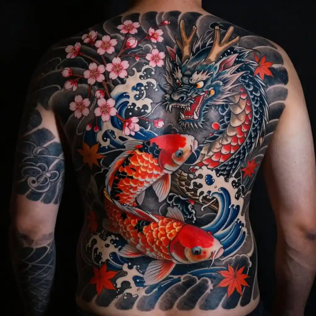 Tatouage japonais traditionnel illustrant les symboles et les traditions de l'art Irezumi.